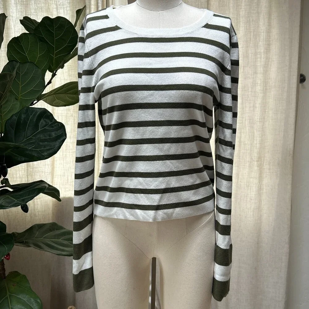 Maeve by Anthropologie Olive Stripe Knit Sweater Top Coastal Classic XL